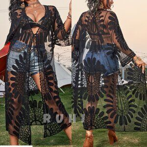 Boho kimono Robe,Beach Cover up,Paisley Embroidered Mesh Tie Front Long Kimono